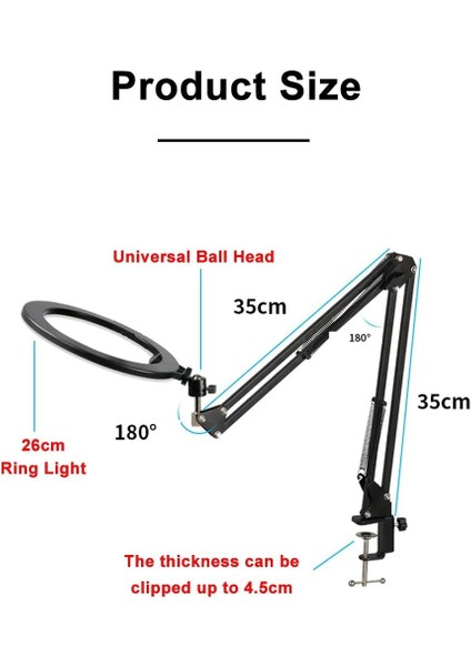 Kıskaçlı 10 Inch Youtuber LED Işıklı Halka Telefon Tutuculu Yüksekliği ve Açısı Ayarlanabilir 10 Inch 26 cm Selfie Yayıncı Makyaj Işığı Masa Kenarına Monte Edilebilir HLK-012A modelleri