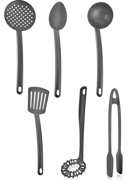 6'lı Mutfak Servis Seti, Plastik Kepçe, Kevgir, Kaşık, Spatula, Maşa, Çırpıcı, 6 Adet Mutfak Yemek Hazırlama Pişirme Servis Takımı