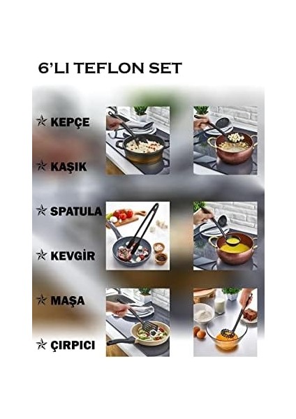 6'lı Mutfak Servis Seti, Plastik Kepçe, Kevgir, Kaşık, Spatula, Maşa, Çırpıcı, 6 Adet Mutfak Yemek Hazırlama Pişirme Servis Takımı