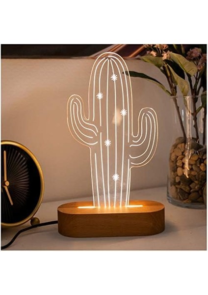 Kaktüsü Tasarımlı 3D LED Lamba USB Bağlantılı Sarı Işık