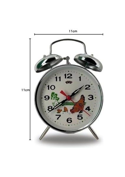 Kurmalı Çift Çanlı Çalar Saat Tavuk ve Çiftlik Desenli Nostalji Masaüstü Saat 11 x 11 x 6 cm Ebatlarında Dekoratif Yatak Odası Çocuk ve Genç Odası Için