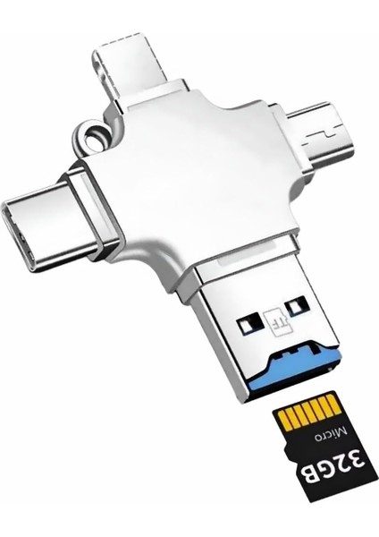4 In 1 Arada Micro Sd Kart Okuyucu Akıllı Telefon Lightning Hafıza Kartı Okuyucu, Micro Usb, USB A, Type-C Arayüzü, Mini Otg Kart Okuyucu Iphone, Ipad, Android Uyumlu Pc ve Cep Telefonu Uyumludur