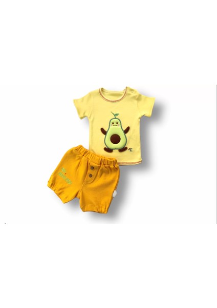 3-6 6-9 9-12 12-18 Ay Avokado Nakışlı Kısa Kollu Sweatli Şortlu 2li Kız-Erkek Bebek Takımı