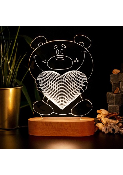 Tutan Ayıcık 3 Boyutlu LED Masa Lambası - USB Bağlantılı Sarı Işık