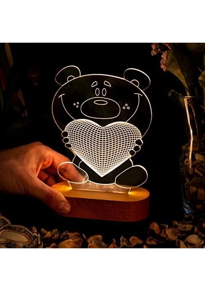 Tutan Ayıcık 3 Boyutlu LED Masa Lambası - USB Bağlantılı Sarı Işık
