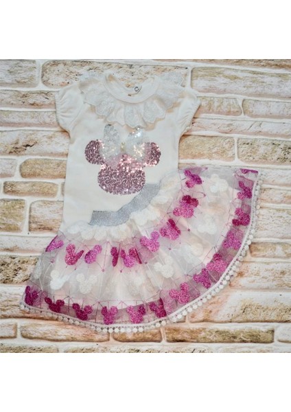 1-2-3 Yaş Payetli Mickey Nakışlı Kısa Kollu Brode Etekli 2li Kız Bebek Takımı