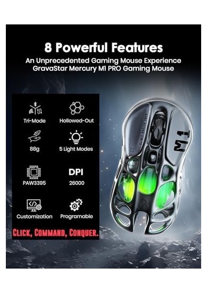 Mercury M1 Pro Kablosuz Oyun Faresi, Magnezyum Alaşımlı Mmo Oyun Faresi, 26.000 Dpı, 88G Hafif Oyuk Tasarım, 5 Programlanabilir Düğme, 5 Dinamik Lightsync Rgb Modu, Gunmetal Gri