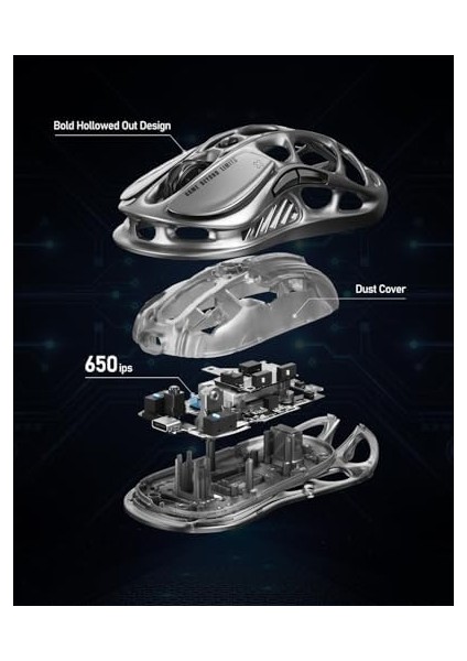 Mercury M1 Pro Kablosuz Oyun Faresi, Magnezyum Alaşımlı Mmo Oyun Faresi, 26.000 Dpı, 88G Hafif Oyuk Tasarım, 5 Programlanabilir Düğme, 5 Dinamik Lightsync Rgb Modu, Gunmetal Gri