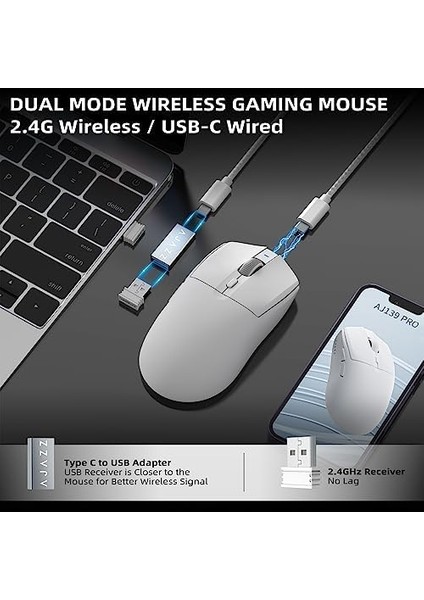 AJ139 Pro x Superlıght Kablosuz Oyun Faresi,ultra HAFIF(59G),PIXART PAW3395 Optik SENSÖR,26000 Dpı,2.4ghz/usb C Kablolu,ergonomik,6 Programlanabilir DÜĞME,200 Saat Pil Ömrü,pc/mac Için - Beyaz