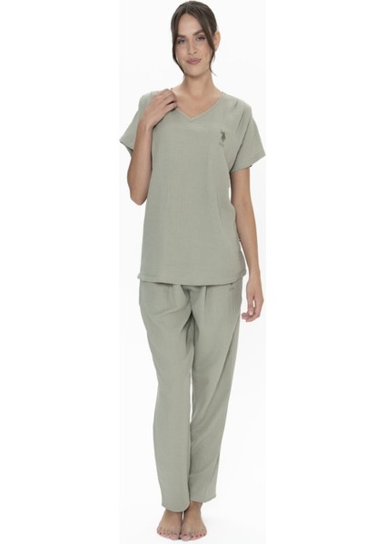 20015 Kadın Hakı Kısa Kollu V Yaka Müslin Kumaş Pijama Takımı fırsatları