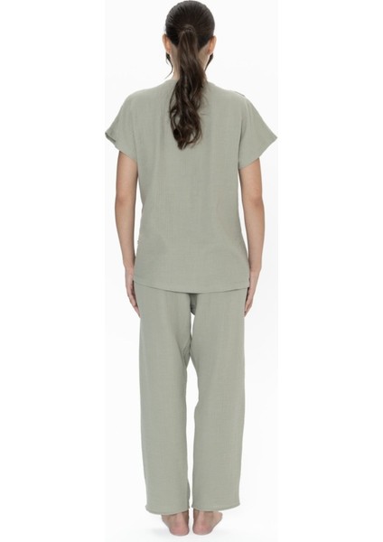 20015 Kadın Hakı Kısa Kollu V Yaka Müslin Kumaş Pijama Takımı indirimleri