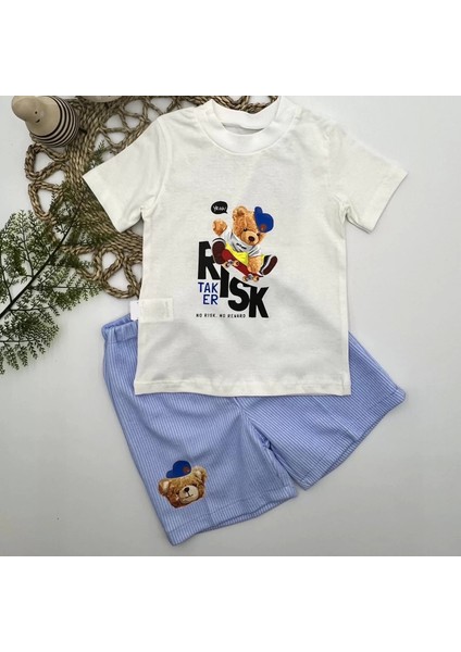 1-2-3 Yaş Kaykaycı Ayı Baskılı Şortlu Kısa Kollu Tişört 2li Erkek Bebek Takımı