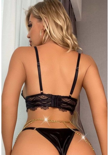 Hotflirt Zincirli Dantel Detaylı Büstiyer Takımı 8411 - Siyah - M fiyatları