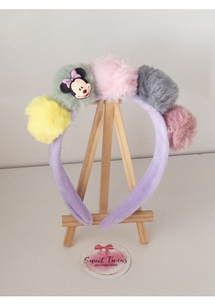Renkli Ponponlu Minnie Kadife Çocuk Taç
