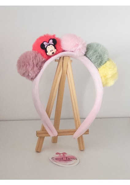 Renkli Ponponlu Çocuk Tacı Minnie Kadife Çocuk Taç