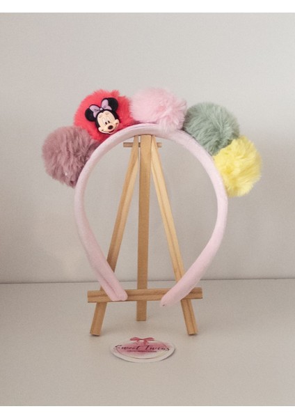 Renkli Ponponlu Çocuk Tacı Minnie Kadife Çocuk Taç