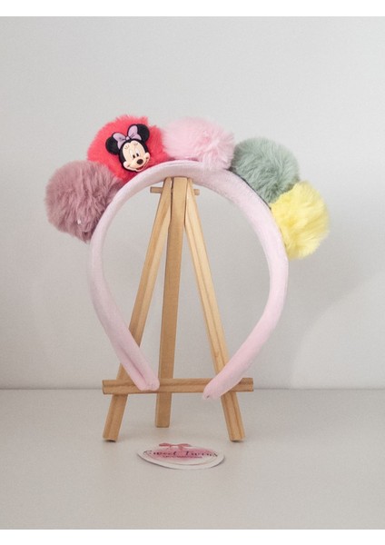 Renkli Ponponlu Çocuk Tacı Minnie Kadife Çocuk Taç