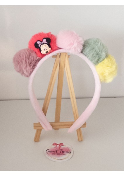 Renkli Ponponlu Çocuk Tacı Minnie Kadife Çocuk Taç
