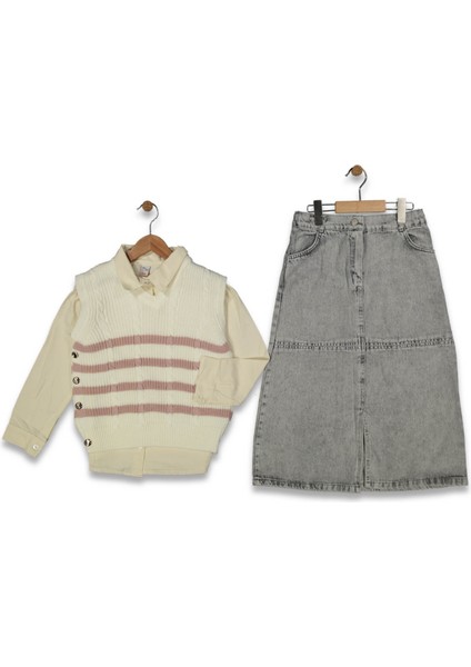 Triko Yelekli Jeans Etekli 3'lü Kız Takım