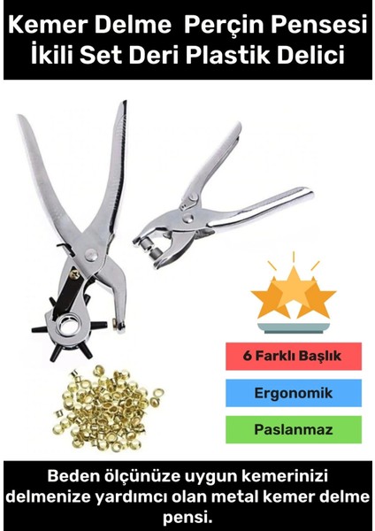 Premium 6 Farklı Başlık Uçlu Pratik Delgeç Kemer Delme Perçin Pensesi Ikili Set Deri Plastik Delici