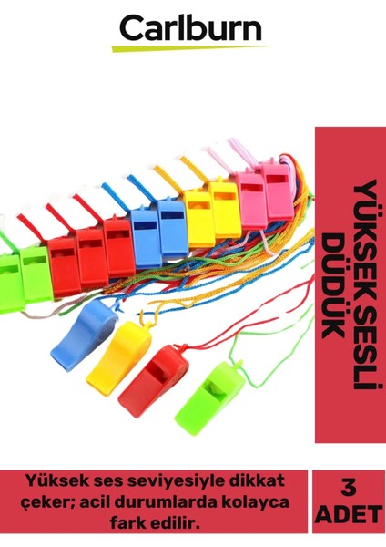 Premium Ultra Yüksek Sesli Çok Renkli Av Kamp Hakem Öğretmen Deprem Çağrı Acil Durum Düdüğü 3 Adet