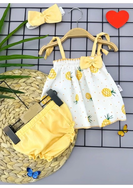 3-6-9-12 Ay Bandajlı ve Kilotlu Ananas Desenli Askılı 3lü Kız Bebek Elbisesi