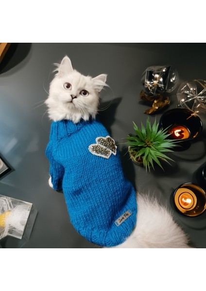 Kedi Köpek İçin Kalpli Gece Mavisi Kazak