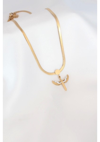 Mikail Figür Zirkon Taş Detay Gold Renk Çelik Italyan Zincir Kadın Kolye