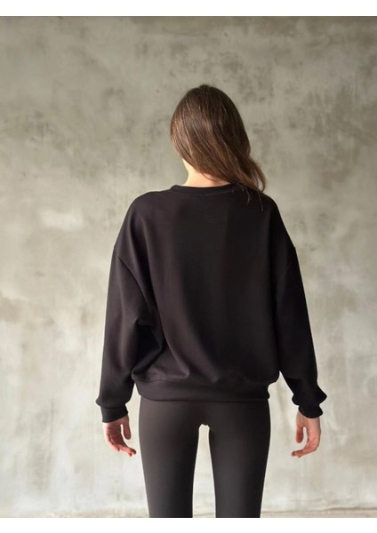 Osy Modal Yumuşak Dokulu Kumaş Bisiklet Yaka Oversize Sweatshirt - Siyah