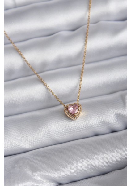 316L Çelik Zincir Gold Renk Pembe Zirkon Taşlı Charm Kadın Kolye