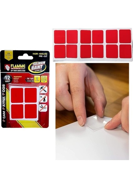 Flamme Montaj Bandı 2.5 kg - Çift Taraflı Hazır Kesilmiş Silikon Bant 12'li Montaj Bandı Şeffaf