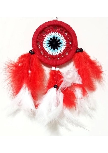 Kırmızı ve Beyaz Kuş Tüylü Dream Catcher El Yapımı Mini Duvar Süsü