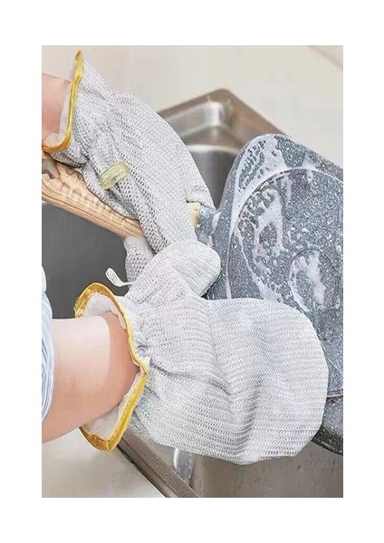 2li Telli Bulaşık Eldiveni Su Geçirmez Kir Sökücü Tava Tencere Ovma Mutfak Banyo Temizlik Eldiveni
