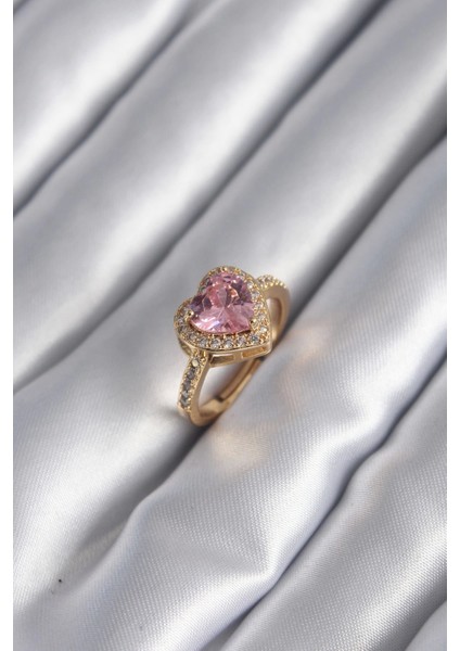 Pirinç Gold Renk Pembe Zirkon Taşlı Charm Kalp Model Kadın Yüzük