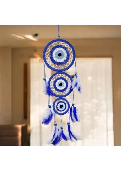 Nazar Motifli Üç Çemberli Kuş Tüylü Mavi Duvar Süsü modelleri