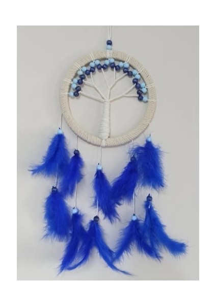Saks Mavisi Kuş Tüylü Hayat Ağacı Düş Kapanı Dream Catcher Duvar Süsü