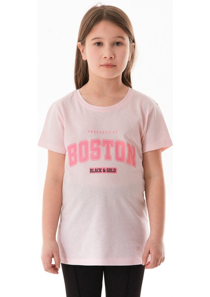 %100 Pamuk Boston Yazı Baskılı Kız Çocuk Tişört