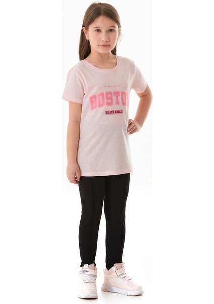 %100 Pamuk Boston Yazı Baskılı Kız Çocuk Tişört