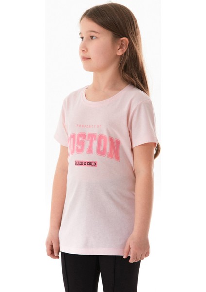 %100 Pamuk Boston Yazı Baskılı Kız Çocuk Tişört modelleri