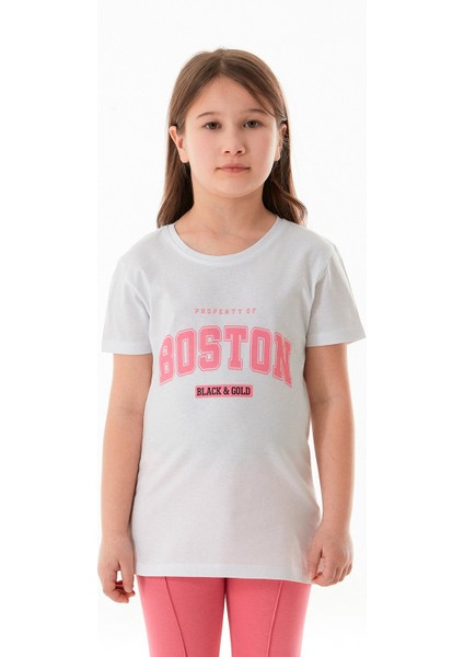 %100 Pamuk Boston Yazı Baskılı Kız Çocuk Tişört