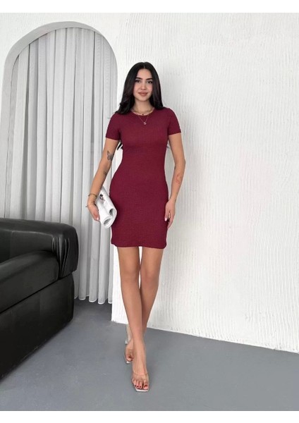 Kadın Bisiklet Yaka Kısa Kol Likralı Elbise - Bordo