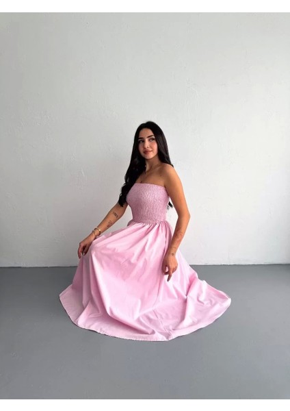 Straplez Pileli Elbise - Pembe