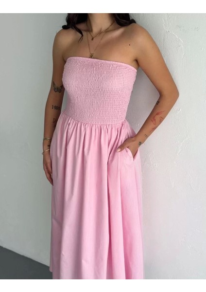 Straplez Pileli Elbise - Pembe