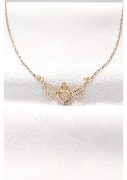 316L Çelik Gold Renk Zirkon Taşlı Kalpli Kanat Kolye