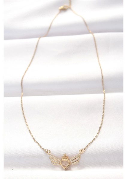 316L Çelik Gold Renk Zirkon Taşlı Kalpli Kanat Kolye fiyatları