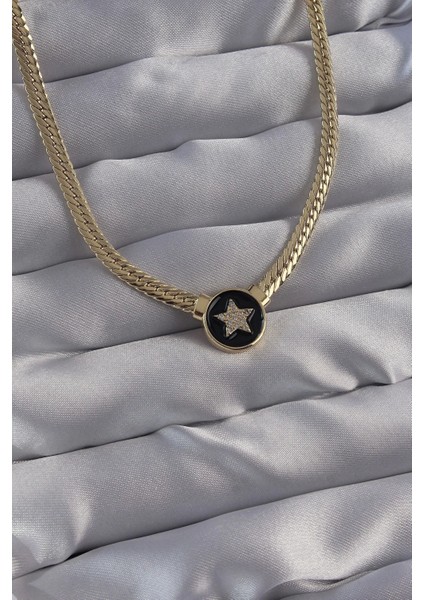 Pirinç Gold Renk Zirkon Taşlı Yıldız Model Siyah Mineli Ezme Zincirli Serenay Kolyesi modelleri