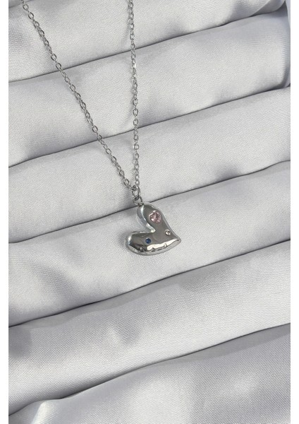 316L Çelik Zincir Gümüş Renk Renkli Zirkon Taşlı Kalp Kolye