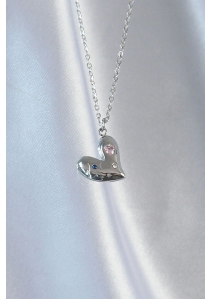 316L Çelik Zincir Gümüş Renk Renkli Zirkon Taşlı Kalp Kolye fiyatları