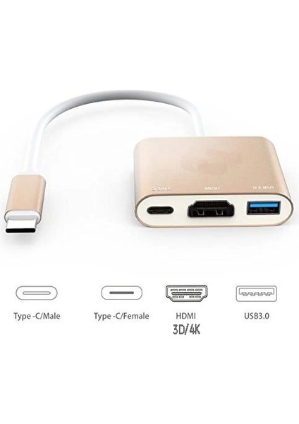 USB Type C To HDMI + USB 3.0 + Type C Çevirici Aparat