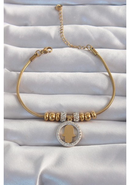 316L Çelik Gold Renk Zirkon Taş Aksesuarlı Fatma Ana Eli Bileklik